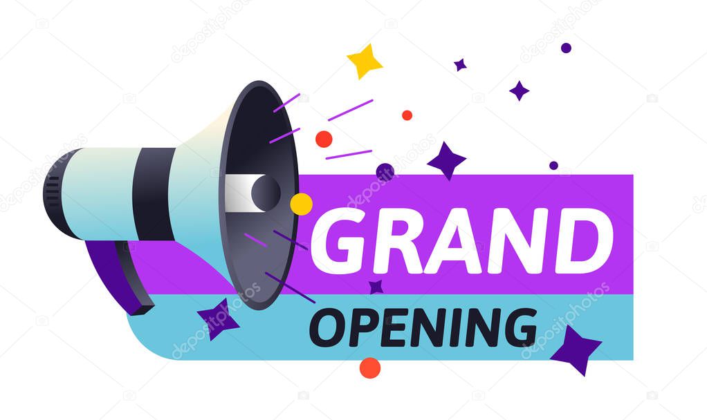 Grand opening with megaphone or bullhorn and festive stars flying out of loudspeaker