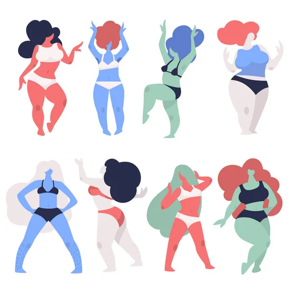 Mujeres con sobrepeso en ropa interior bailando, además de chicas de tamaño, personajes aislados — Vector de stock