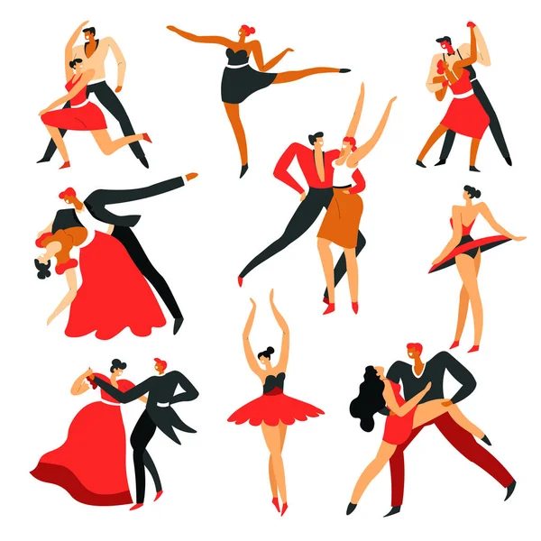 Männer und Frauen tanzen Standard- und lateinamerikanische Tänze, isolierte Paare — Stockvektor