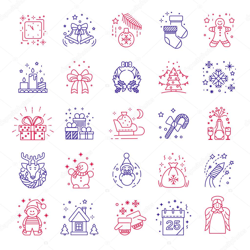 Winter holidays symbols, Christmas isolated outline icons