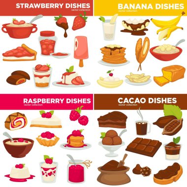 Çilek ve muz, ahududu ve kakao tabakları, yemek ve yemek