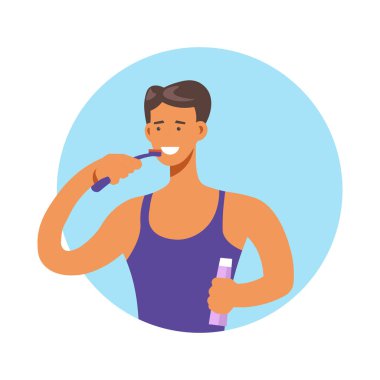 Diş fırçası ve diş macunu ile dişlerini fırçalayan adam, izole edilmiş ikon