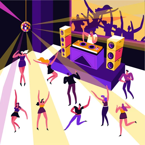 Club de noapte petrecere de dans, DJ în căști și oameni dansând — Vector de stoc