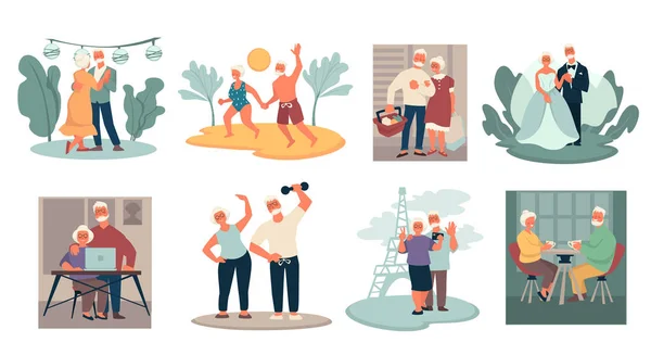 Personajes senior, abuelos ancianos pareja, jubilación activa — Vector de stock