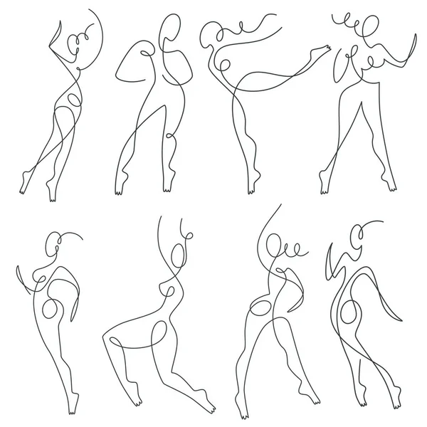 Durchgehende Linienzeichnung, weibliche Silhouetten in Bewegung, Tänzer — Stockvektor