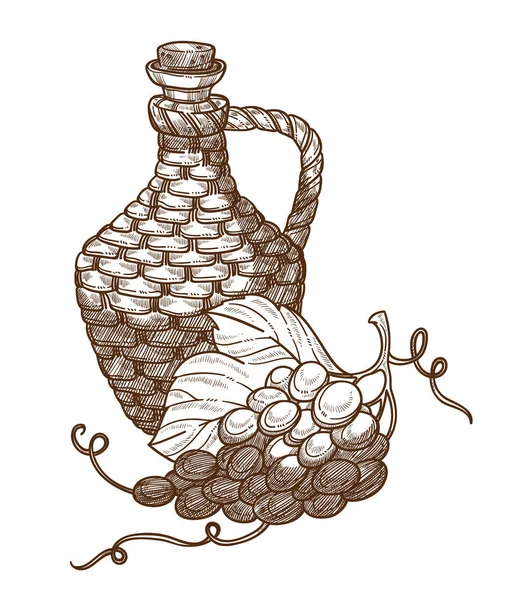 Grapes and wicker jug of wine, winemaking industry, isolated sketch — Stock Vector