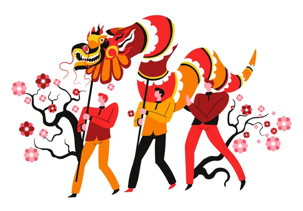 Dragon de feu et personnages masculins, festival chinois et Nouvel An — Image vectorielle