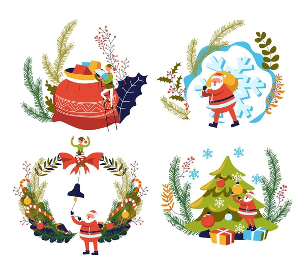 Christmas and New Year, Santa Claus gifts and Xmas tree — Stock Vector