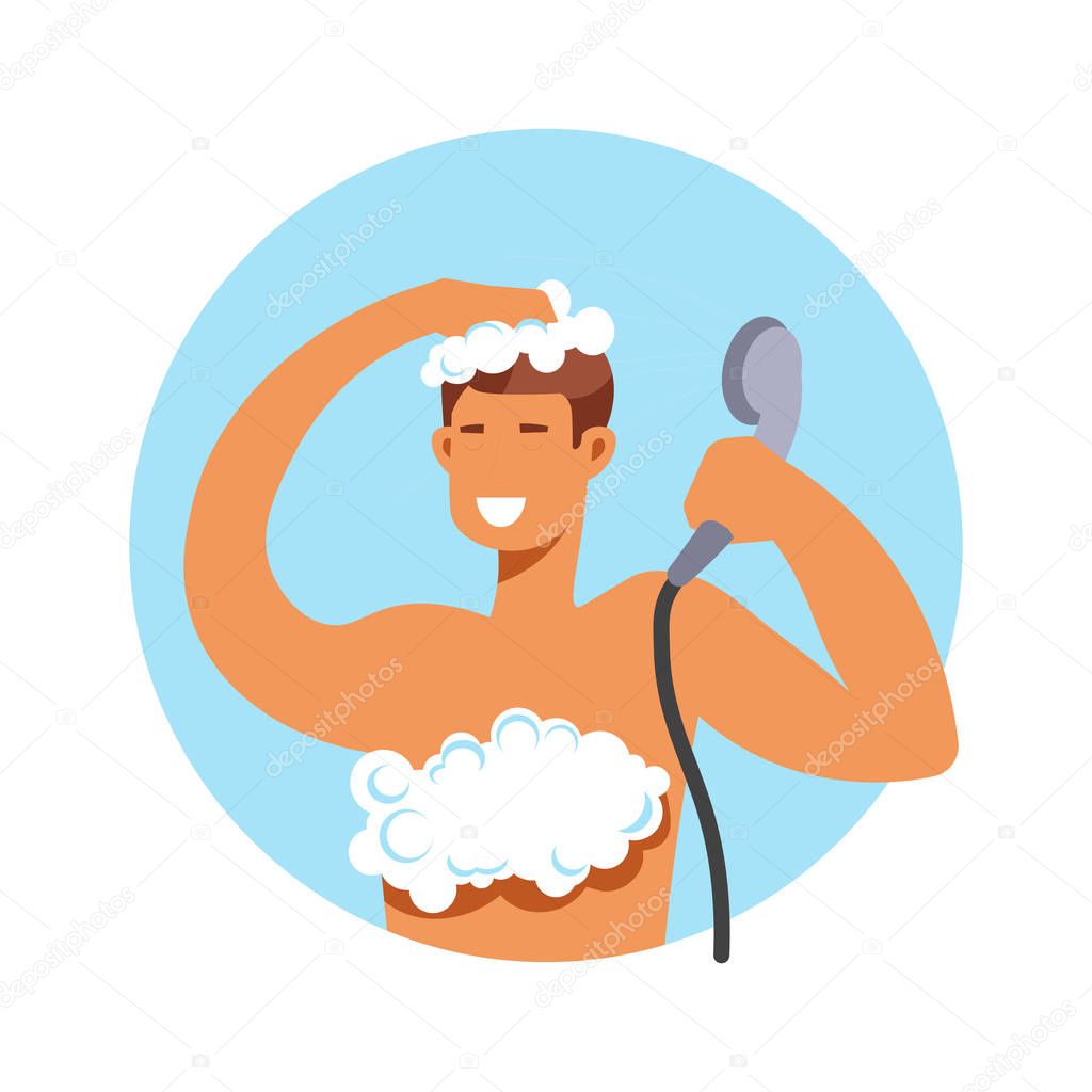 Taking shower, man in foam washing hair and body