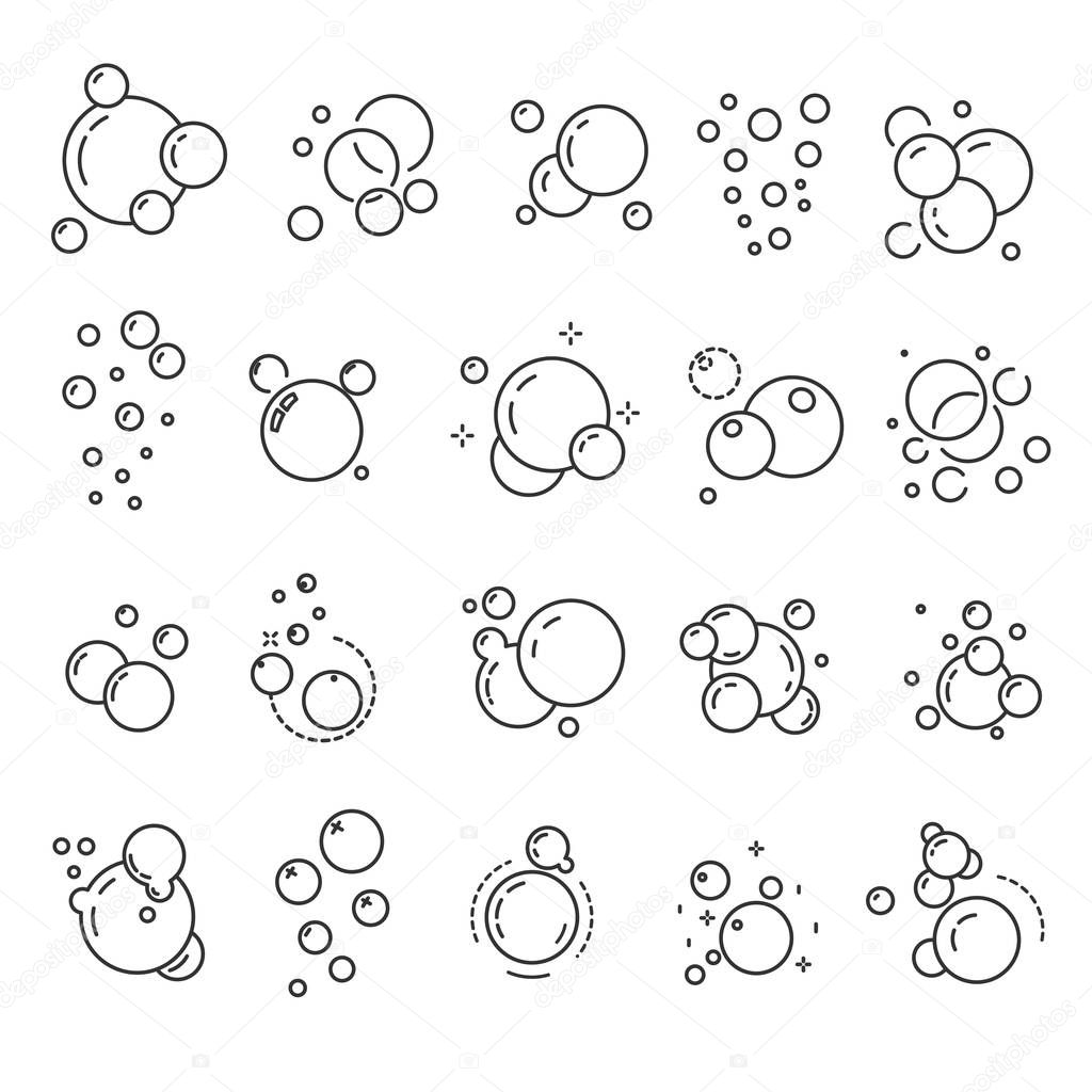Bubbles isolated linear icons, soap foam or fizzy drink, oxygen spheres vector. Effervescent effect, circles outline symbols. Swimming or washing, cleaning and laundry element, shower or bath