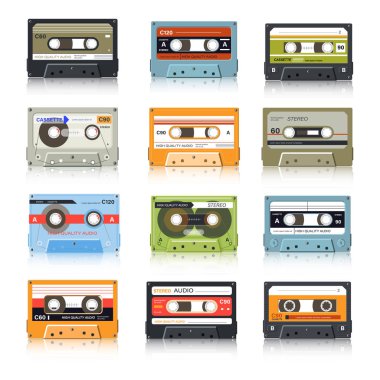Kaset teypleri, retro ses kayıtları, antika medya aygıtı izole edilmiş simgeler