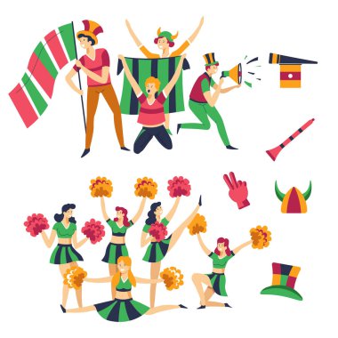 Ponpon kızlar ve taraftarlar, futbol takımını destekleyen meraklılar, bayraklar ve şapkalar