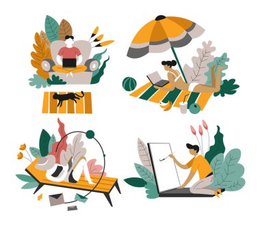 Uzak çalışma ya da serbest çalışma, ev ya da plajda dizüstü bilgisayarı olan serbest çalışanlar.