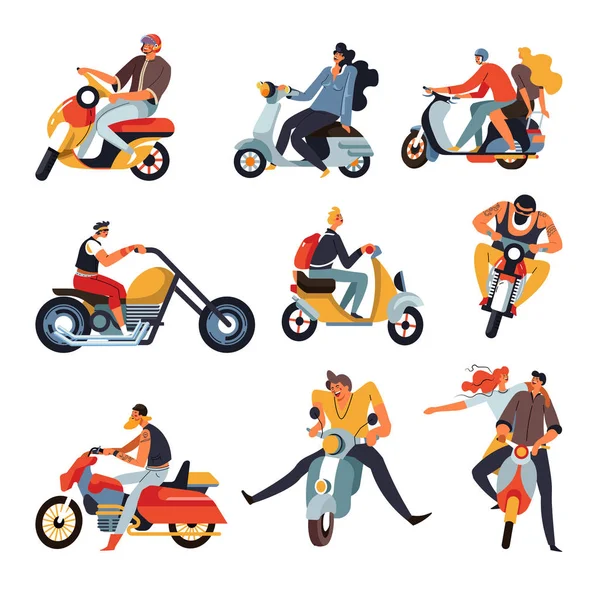 Motociclistas ou motociclistas em motociclos e ciclomotores ou motos, personagens isolados — Vetor de Stock