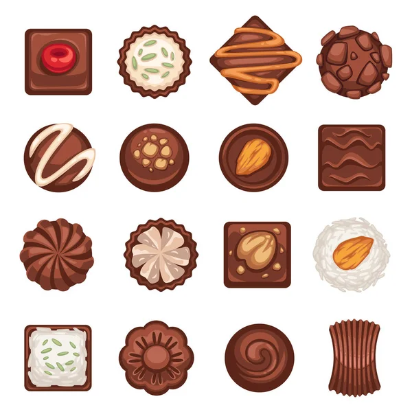 Postres o caramelos de chocolate iconos aislados, snack coffee break — Archivo Imágenes Vectoriales