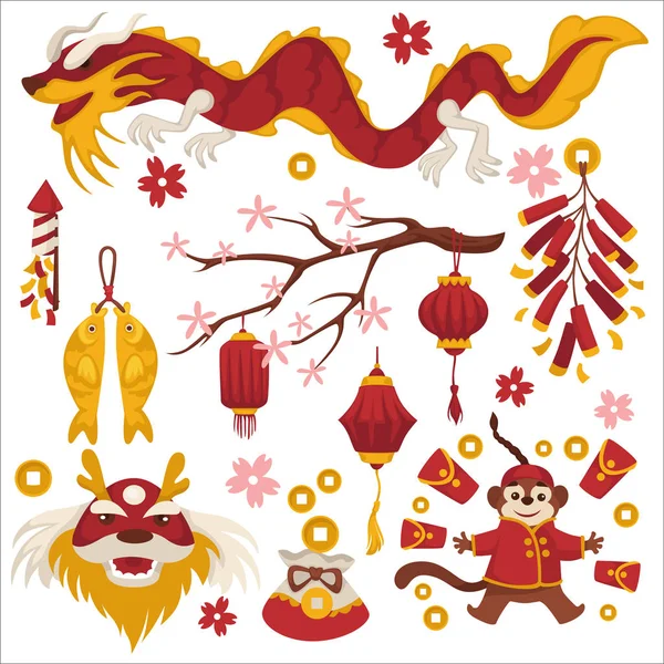 Dragon et sakura, symboles du Nouvel An chinois, lanternes et singe — Image vectorielle