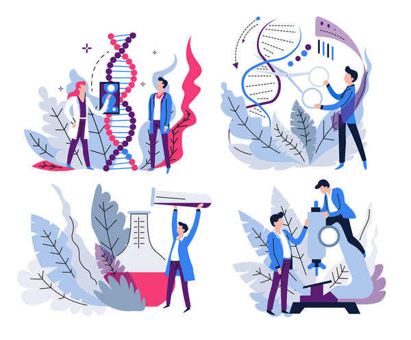 DNA research, genetics science and lab test, isolated icons