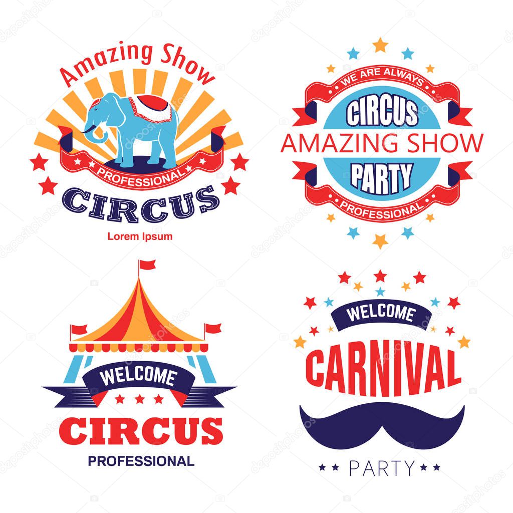 Carnival party and circus show, isolated icons vector. Striped tent and elephant, mustache and stars, entertainment and animals trick. Stage performance and fun fair invitation emblem or logo