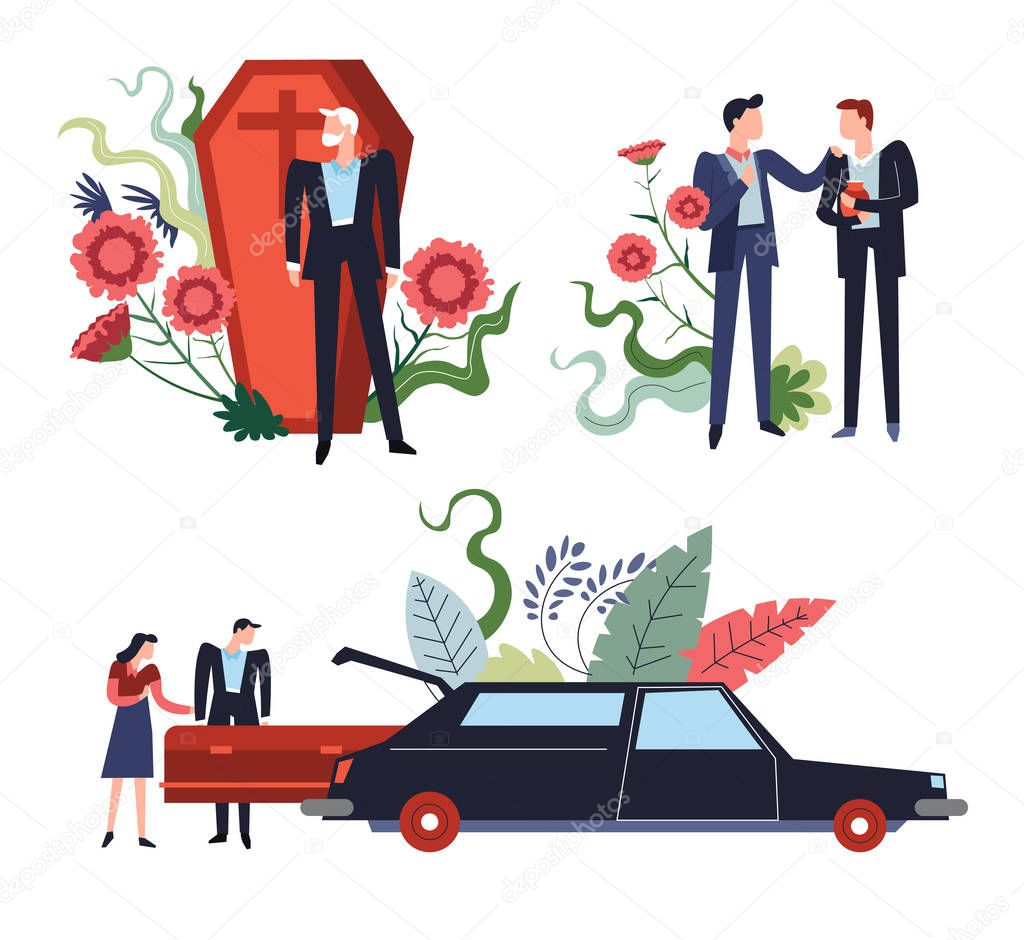 Interment or funeral isolated icons, coffin and hearse, ashes urn
