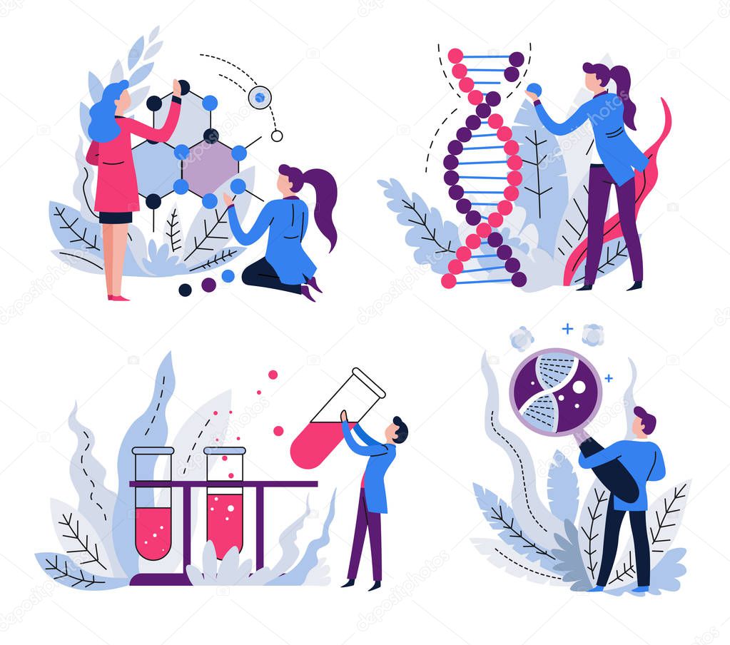 DNA and molecule structure, genetics science isolated icons