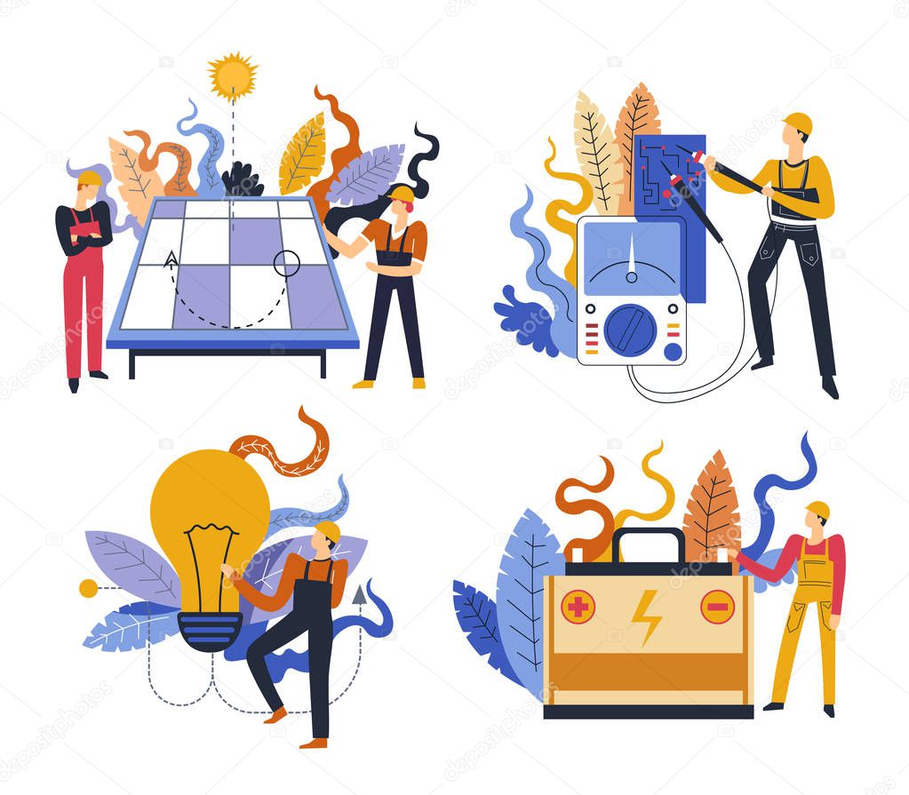 Electric power and electricity, energy and electrician service, isolated icons