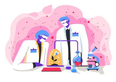 Laboratuvarda deneyler ve araştırmalar üzerinde çalışan uzmanlar, bilim adamları bitkiyi etkilemek için maddeler kullanıyorlar. Profesyonellerin gözlemlenmesi, laboratuvardaki doktorların analizi, düz stil vektörü