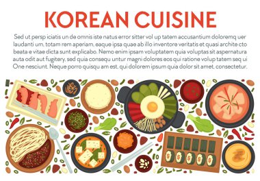 Kore mutfağı afişi, Asya ülkesinin geleneksel yemekleri. Restoranda ya da evde pişirilen bulaşıklar. Ahtapot ve Hobakjuk, kimbap ve jajangmyeon, sebze ve et yemeği, düz stil vektör
