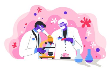 Bilim adamları aşı ve tedavi üzerinde çalışıyor. Laboratuvardaki insanlar ekipmanları iş için kullanıyorlar. Doktorlar deneyler yapıyor, virüsü ya da tehlikeli bakterileri analiz ediyorlar. Profesyoneller, düz vektör