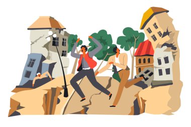 Doğal afet ya da felaket, deprem ve evlerin tahrip edilmesi. İnsanları çalıştırmak, binaları yıkmaktan kaçmak. Yıkılan binalar, kıyamet ya da felaket, düz bir şekilde taşıyıcı.