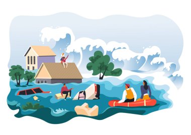 İnsanlara ve evlere zarar veren dalgalarla dolu. İklim değişikliğinin yol açtığı kasırga ya da fırtına. Mahalle sakinlerinin yıkım özellikleri, tsunami cinayetleri. Teknelerle sudan kaçıyorlar, düzlük vektörler.