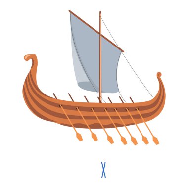 Eski zamanların teknesi, yelkenli ve kürekli ahşap gemi. Ana yelkenli ıssız bir donanma binası. Vikingler için Drakkar 'ın geçmişe dönük tasarımı. Deniz ya da okyanus yoluyla seyahat ve yolculuk, vektör