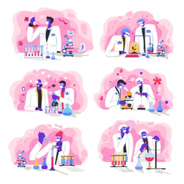 Virüs aşısı üzerinde çalışan bilim adamları ve araştırmacılar koleksiyonu. Laboratuvarda deneyler yapan aletleri ve test tüpleri olan bir grup doktor. Klinik ve hastane çalışanları, düz taşıyıcı