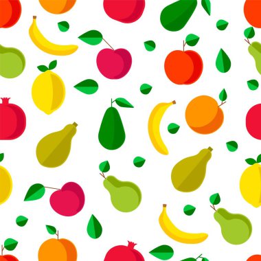 Sebzeler ve meyvesiz desen, greyfurt ve muz, armut ve elma, avokado ve limon. Tatlılar için olgun tropikal malzemeler, diyet ve vejetaryen menüleri için sebzeler, yassı vektör.