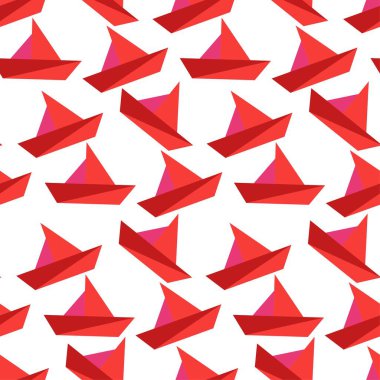 Origami teknesi kusursuz desen, Asya kağıt katlama sanatı ve şekiller ve şekiller yaratıyor. El yapımı nesneler, geometrik yapıya sahip minimalist formlar, düz stil küçük sayfa levha gemi vektörü