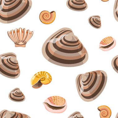 Deniz tarakları ve deniz kabukları, deniz ve deniz teması. Dekoratif deniz kabukları, egzotik yaratıklar, deniz kıyısındaki organizmalar. Akvaryum dekoru, deniz canlısı ya da tropikal konu baskısı. Düz biçimli vektör