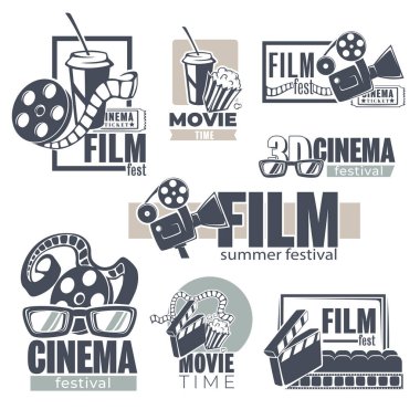 Film ve sinema monokrom çizimleri koleksiyonu, 3 boyutlu gözlük ve makaralı izole ikonlar. Kamera ve film yapmak için teknoloji. Patlamış mısır ve soda vektörüyle video yönetmek ve izlemek