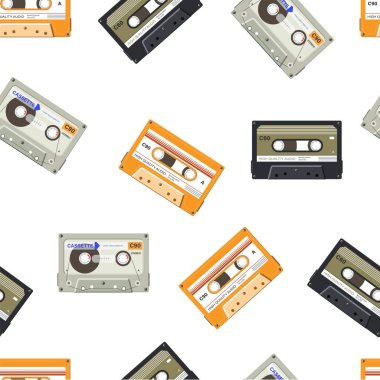 Kaset ya da bant beyaz arka planda kusursuz desen oluşturdu. Diskolar ve partiler için şarkılar ve müzik kaydedici, bilgili sesli kaset. Eğlence ya da eğitim, düz tarzda vektör