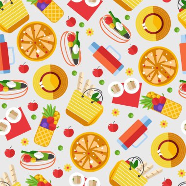 Hafta sonları piknik yapmak için tatlı ve atıştırmalıklar, kusursuz bir düzen. Tabaklar dolusu yemek, dışarıda öğle yemeği için yiyecek. Aksesuar şapkası hazır kahvaltı, vektör