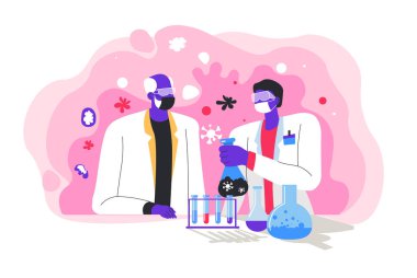 Laboratuvarda çalışan bilim adamları, kimyagerler virüs veya bakterilerin analizi için matara ve test tüpleri kullanıyorlar. Tehlikeli maddelerle uğraşan insanlar. Öğretmen ve öğrenci laboratuarda, vektör düz stilde