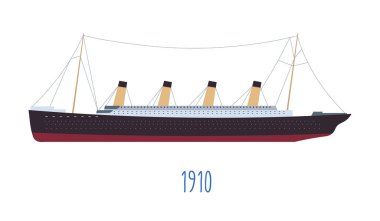 Tüplü tekne, titanik inşaattan esinlenilmiş buharlı gemi. 1910 tarihli ve yolcu taşımacılığı için izole edilmiş gemi ikonu. Müşteriler için lüks seyahat, mal sevkiyatı, düz konumda vektör