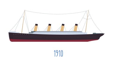 Boat with tubes, steam ship inspired by titanic construction. 1910 date and isolated icon of vessel for passengers transportation. Luxurious cruise for clients, shipment of goods, vector in flat clipart