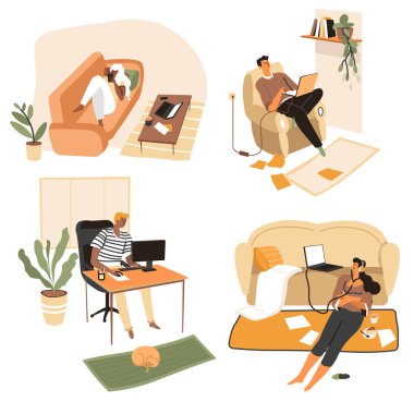 Evdeki insanlar iş ya da rahatlama için dizüstü bilgisayar kullanıyorlar. Oturma odasında hafta sonlarını oturma odasında geçiren bir grup karakter. Modern gençlik evleri, düz stil vektörü.