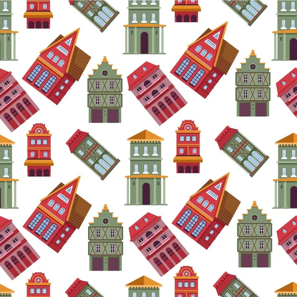 Buildings and houses built in old fashioned manner, seamless pattern of homes and real estate of town. traditional architecture, mansions and apartments, cottages constructions, vector in flat