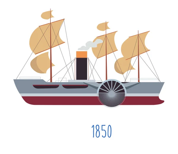 Ναυτική Εξέλιξη Μεταφορών Χρόνο Απομονωμένη Εικόνα Ατμόπλοιου Πανιά Ημερομηνία Κατασκευής — Διανυσματικό Αρχείο