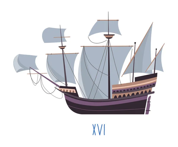 Battleship Wooden Boat Sails Isolated Construction Vessel Navigation Journey Renaissance — Stock Vector