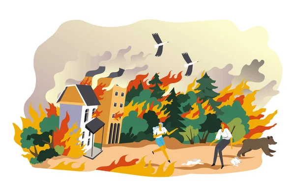 Burning Woods Damages People Animals Dangerous Fire Forest Calamity Disasters — Stock Vector