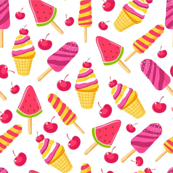 冰淇淋无缝图案 冰冻甜点与西瓜和樱桃味 番茄酱的有机配料 点心的夏季产品 用脆脆的华夫饼 美味的日记本产品载体 — 图库矢量图片