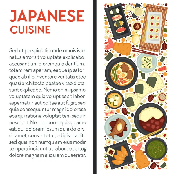 Banner Cocina Japonesa Con Muestra Texto Platos Tradicionales Con Especias — Vector de stock