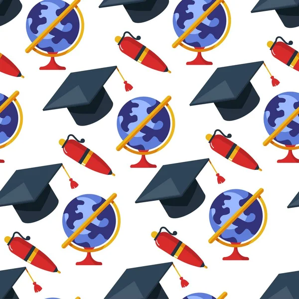 中小学或大学教育与地球的毕业帽 笔和模型无缝模式 大学学习 获得教育程度 自我发展和地理课程 — 图库矢量图片