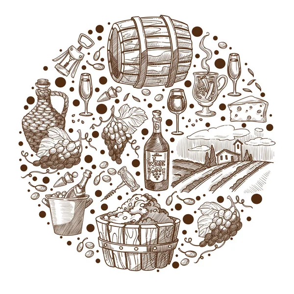 酿酒厂生产葡萄酒 横幅单色素描轮廓 装上发酵过的饮料 酒杯和成熟的葡萄枝条 软木塞和葡萄园的风景 矢量呈扁平型 — 图库矢量图片